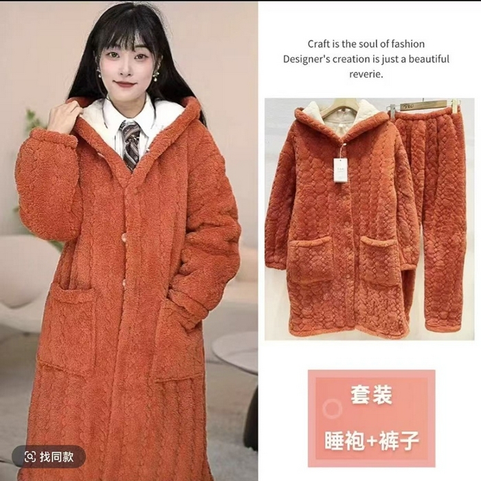 洛兰沙家居馆 2025新款女款三层夹棉保暖加厚冬季法莱绒家居服睡衣 橙色