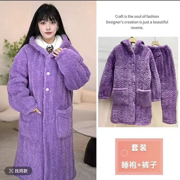 洛兰沙家居馆 2025新款女款三层夹棉保暖加厚冬季法莱绒家居服睡衣 紫色