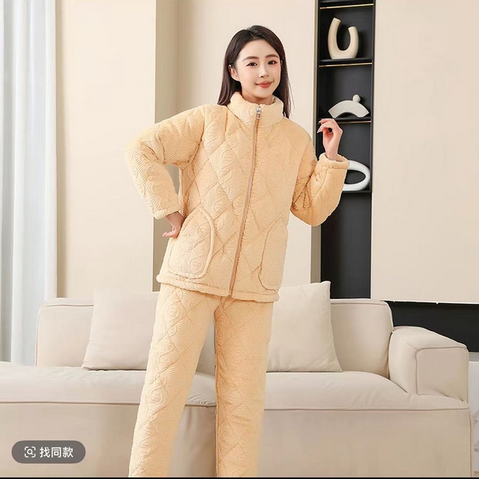 洛兰沙家居馆 2025新款女款三层夹棉保暖加厚冬季法莱绒家居服睡衣 浅黄