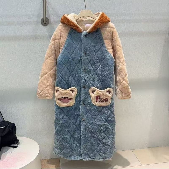 洛兰沙家居馆 2025新款女款三层夹棉保暖加厚冬季法莱绒家居服睡衣 蓝咖