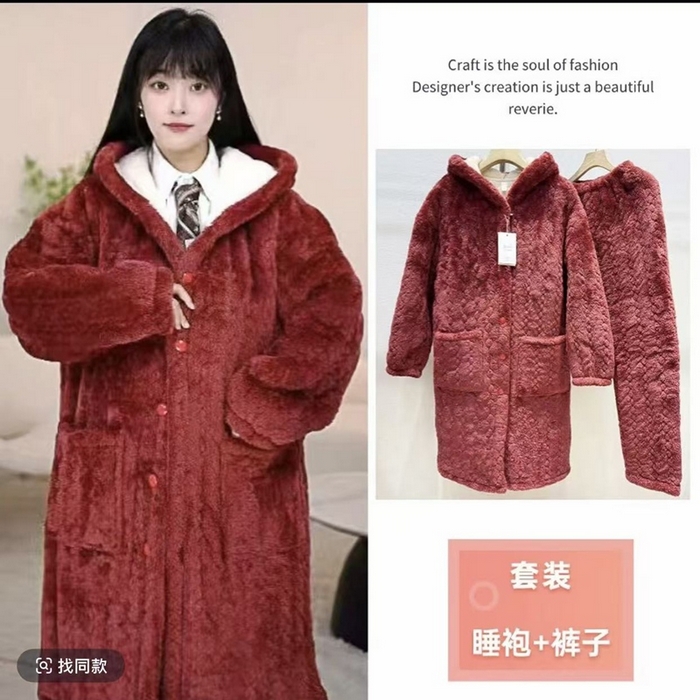 洛兰沙家居馆 2025新款女款三层夹棉保暖加厚冬季法莱绒家居服睡衣 红色