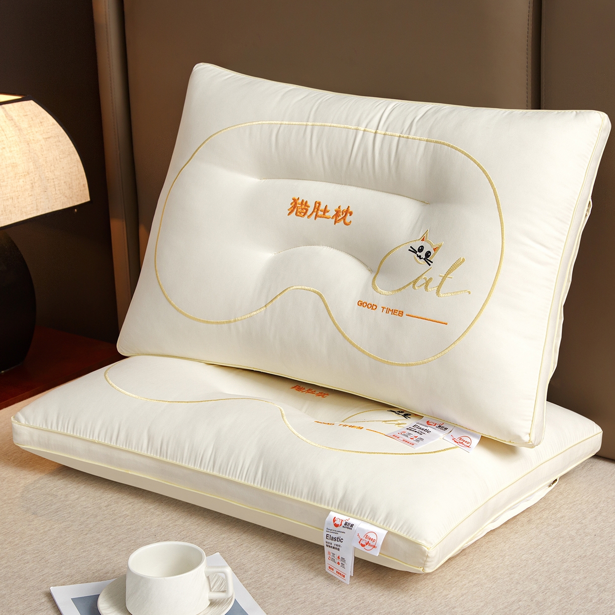 91家纺网 家纺一手货源 找家纺 织布人 2025新款枕芯亲肤磨绒舒颈猫肚枕芯学生宿舍成人家用护颈助眠枕头 舒颈猫肚枕-白色