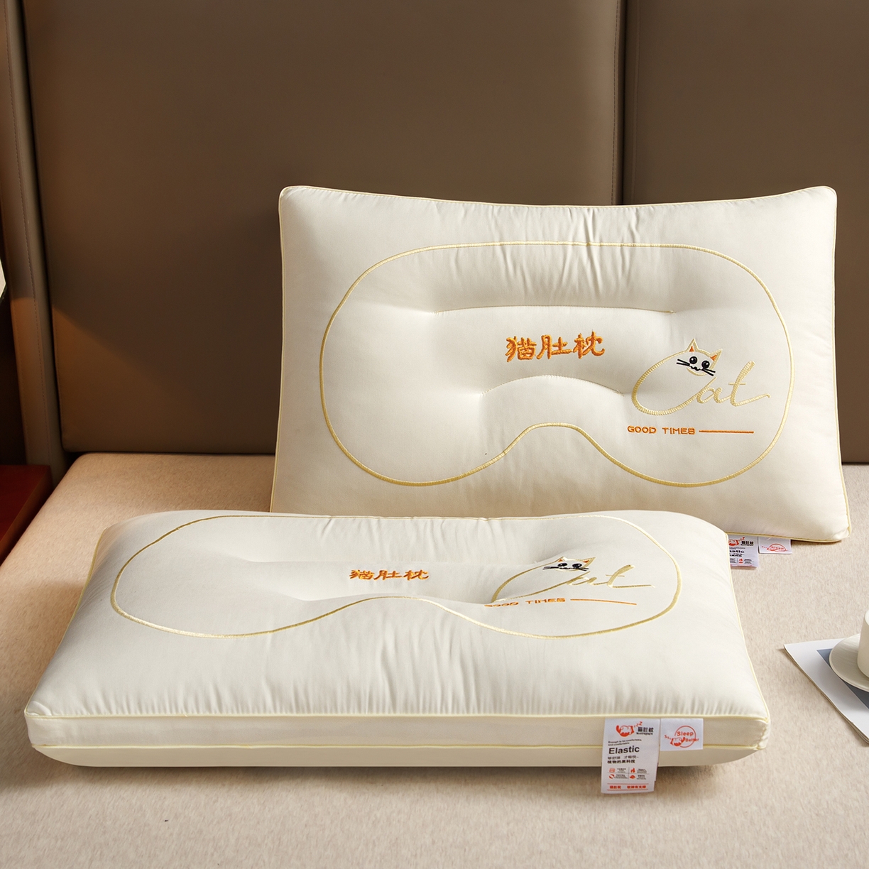 91家纺网 家纺一手货源 找家纺 织布人 2025新款枕芯亲肤磨绒舒颈猫肚枕芯学生宿舍成人家用护颈助眠枕头 舒颈猫肚枕-白色