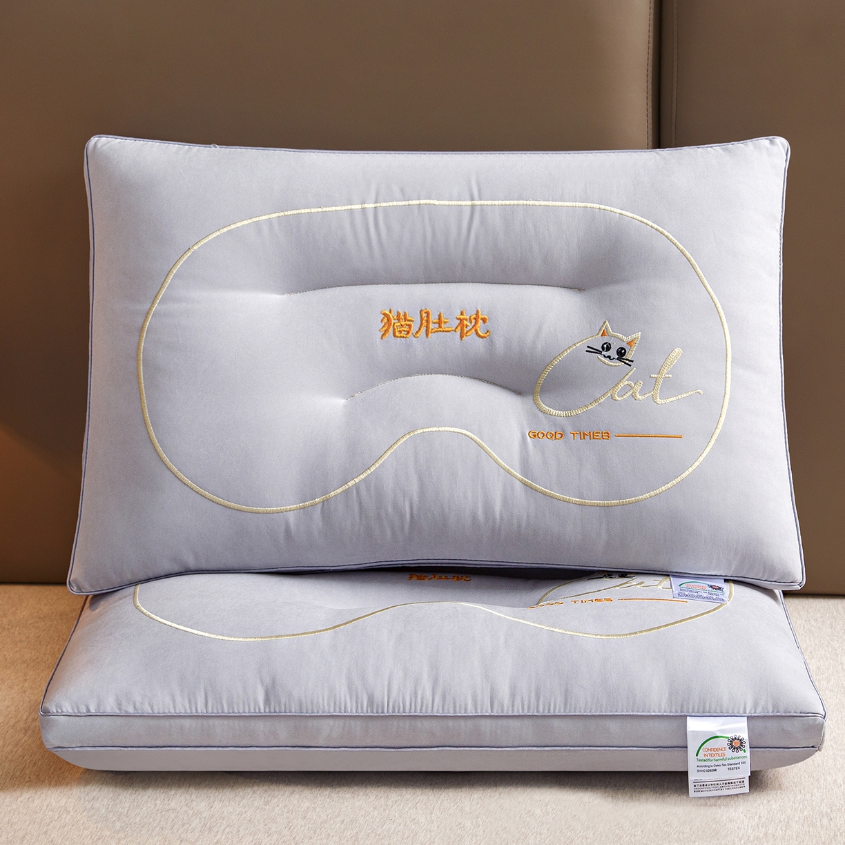 91家纺网 家纺一手货源 找家纺 织布人 2025新款枕芯亲肤磨绒舒颈猫肚枕芯学生宿舍成人家用护颈助眠枕头 舒颈猫肚枕-灰色