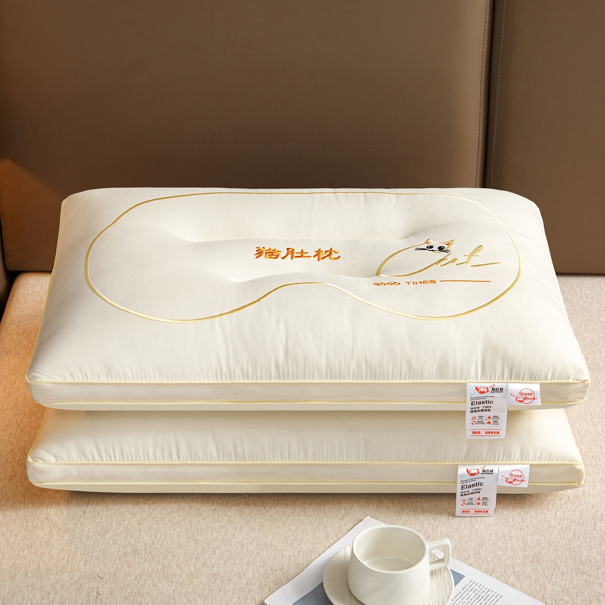 91家纺网 家纺一手货源 找家纺 织布人 2025新款枕芯亲肤磨绒舒颈猫肚枕芯学生宿舍成人家用护颈助眠枕头 舒颈猫肚枕-白色