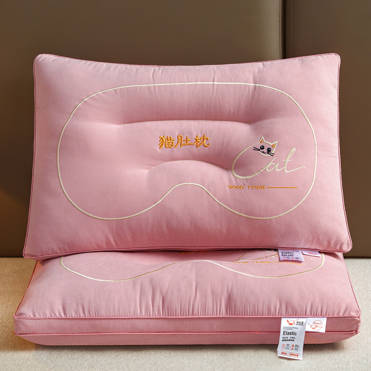 91家纺网 家纺一手货源 找家纺 织布人 2025新款枕芯亲肤磨绒舒颈猫肚枕芯学生宿舍成人家用护颈助眠枕头 舒颈猫肚枕-粉色