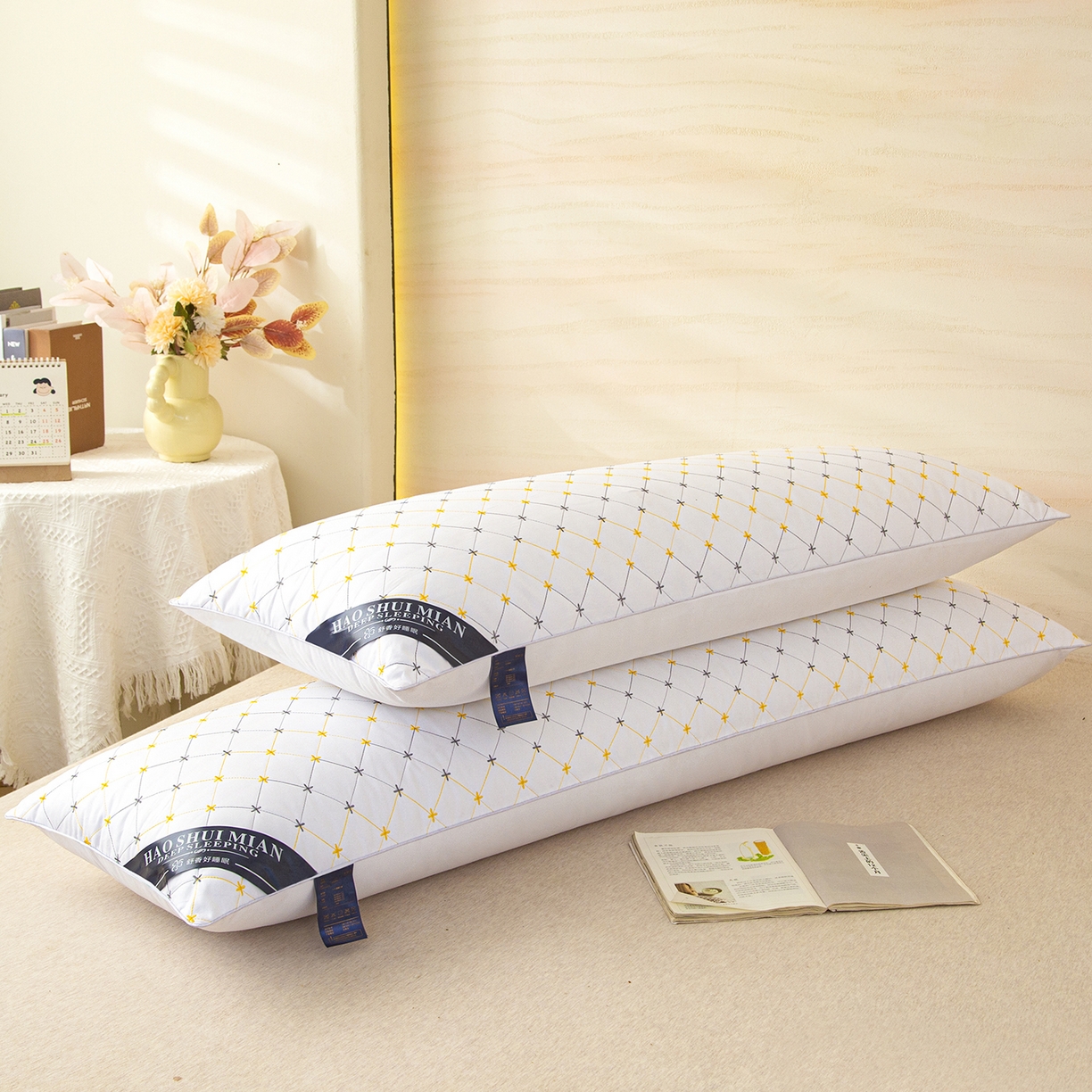 91家纺网 家纺一手货源 找家纺 （总）织布人 2025新款枕芯绗绣十字星双人枕头亲子枕酒店情侣家用护颈长枕芯