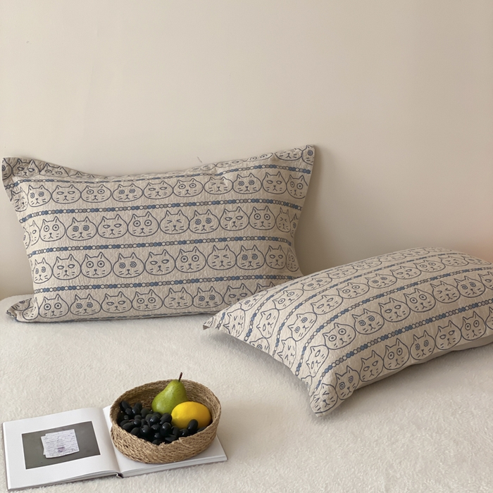 91家纺网 家纺一手货源 找家纺 麻依 2025新款安心棉枕套四层纱布枕套 搞怪猫