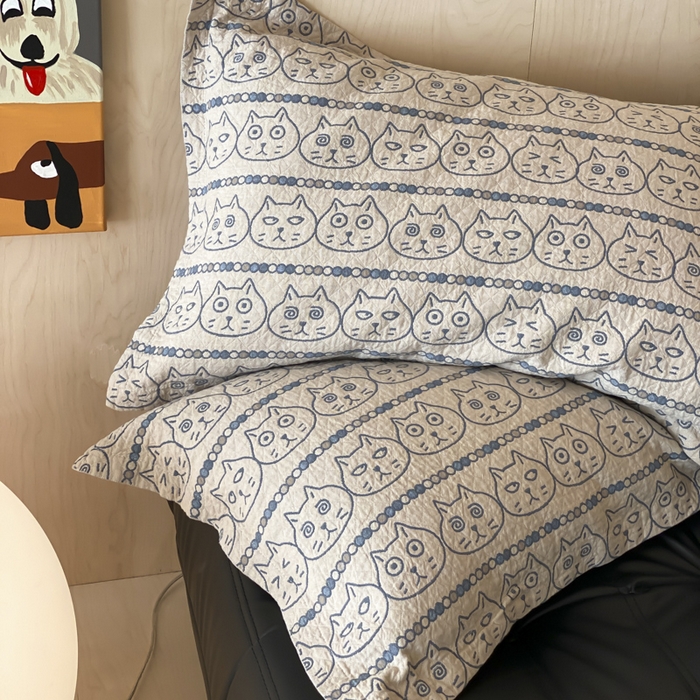 91家纺网 家纺一手货源 找家纺 麻依 2025新款安心棉枕套四层纱布枕套 搞怪猫