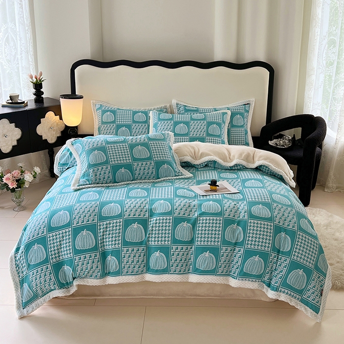 91家纺网 家纺一手货源 找家纺 （总）yyds网供 2025新款棉加绒四件套多功能盖毯被套牛奶绒四件套床单款-南瓜