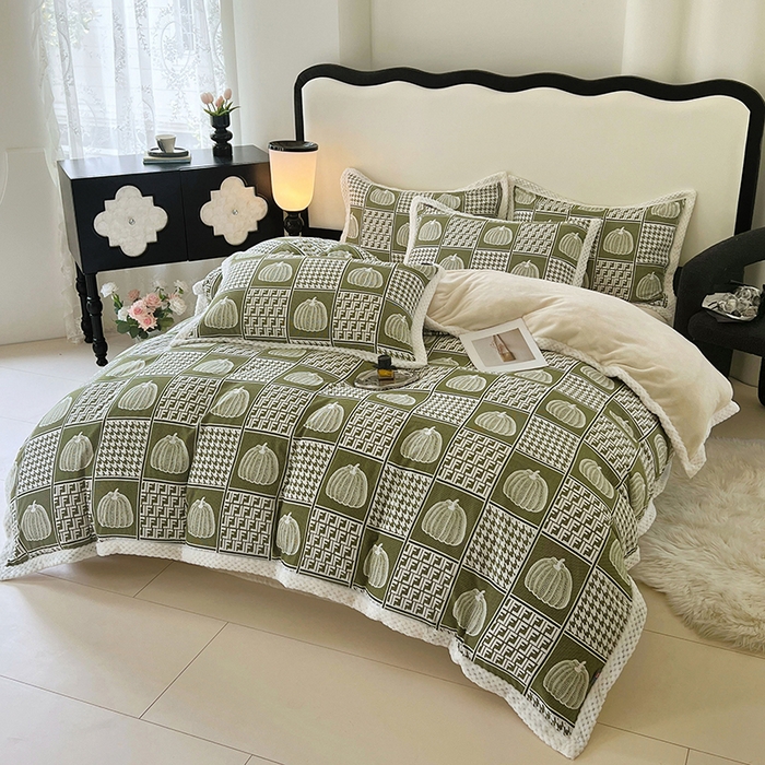 91家纺网 家纺一手货源 找家纺 yyds网供 2025新款棉加绒四件套多功能盖毯被套牛奶绒四件套床单款-南瓜 绿野南瓜