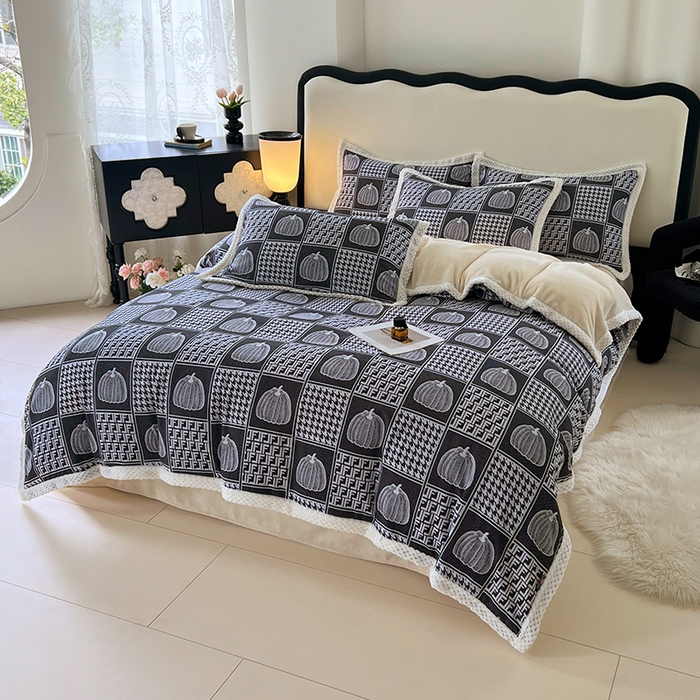 91家纺网 家纺一手货源 找家纺 yyds网供 2025新款棉加绒四件套多功能盖毯被套牛奶绒四件套床单款-南瓜 墨韵南瓜