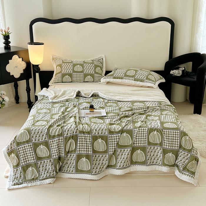 91家纺网 家纺一手货源 找家纺 yyds网供 2025新款棉加绒四件套多功能盖毯被套牛奶绒四件套床单款-南瓜 绿野南瓜