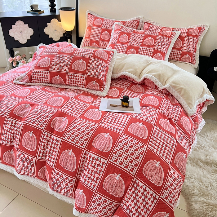 91家纺网 家纺一手货源 找家纺 （总）yyds网供 2025新款棉加绒四件套多功能盖毯被套牛奶绒四件套床单款-南瓜