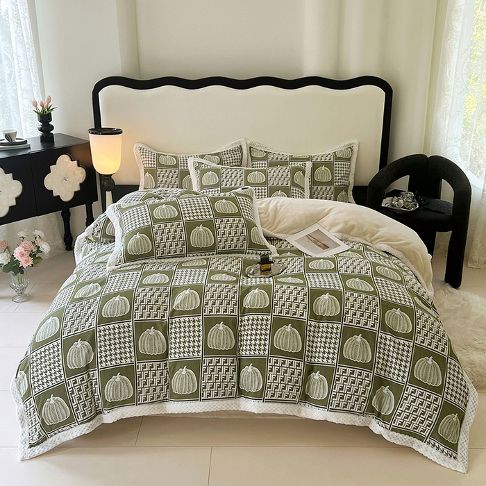 yyds网供 2025新款棉加绒四件套多功能盖毯被套牛奶绒四件套床单款-南瓜 绿野南瓜