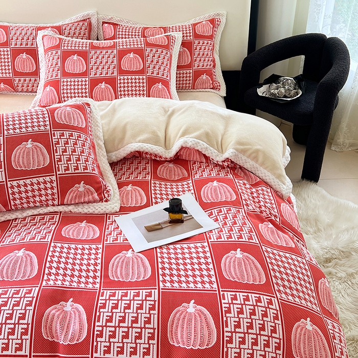 91家纺网 家纺一手货源 找家纺 （总）yyds网供 2025新款棉加绒四件套多功能盖毯被套牛奶绒四件套床单款-南瓜