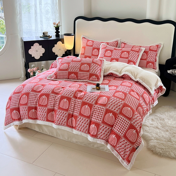 91家纺网 家纺一手货源 找家纺 yyds网供 2025新款棉加绒四件套多功能盖毯被套牛奶绒四件套床单款-南瓜 橙意南瓜