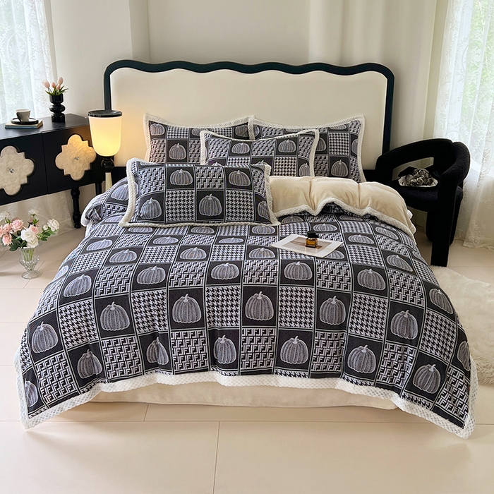 yyds网供 2025新款棉加绒四件套多功能盖毯被套牛奶绒四件套床单款-南瓜 墨韵南瓜