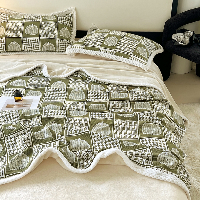 91家纺网 家纺一手货源 找家纺 yyds网供 2025新款棉加绒四件套多功能盖毯被套牛奶绒四件套床单款-南瓜 绿野南瓜