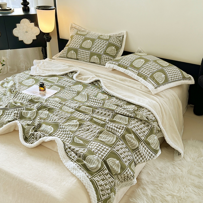 91家纺网 家纺一手货源 找家纺 yyds网供 2025新款棉加绒四件套多功能盖毯被套牛奶绒四件套床单款-南瓜 绿野南瓜