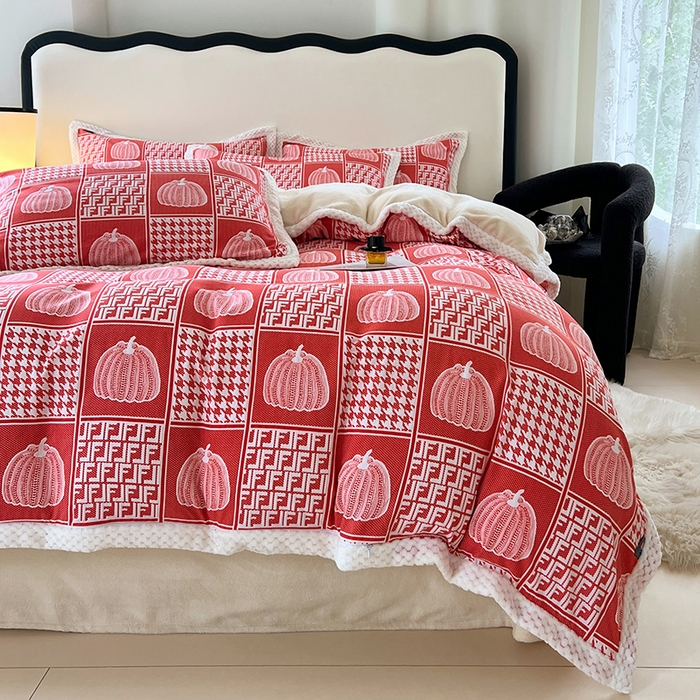 91家纺网 家纺一手货源 找家纺 yyds网供 2025新款棉加绒四件套多功能盖毯被套牛奶绒四件套床单款-南瓜 橙意南瓜