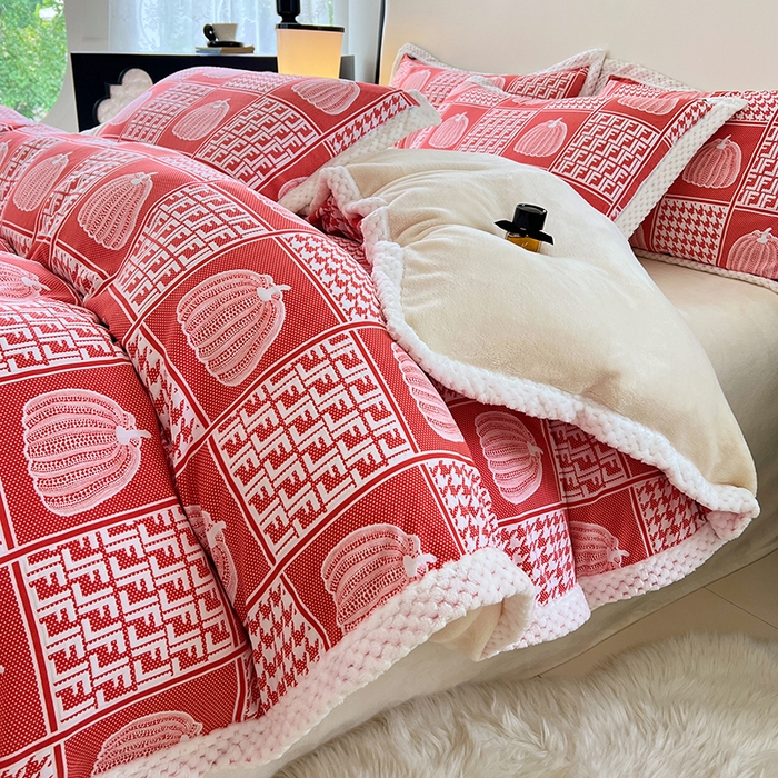 91家纺网 家纺一手货源 找家纺 yyds网供 2025新款棉加绒四件套多功能盖毯被套牛奶绒四件套床单款-南瓜 橙意南瓜