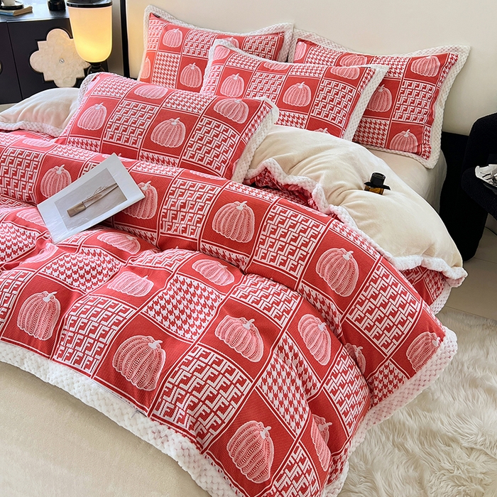 91家纺网 家纺一手货源 找家纺 yyds网供 2025新款棉加绒四件套多功能盖毯被套牛奶绒四件套床单款-南瓜 橙意南瓜