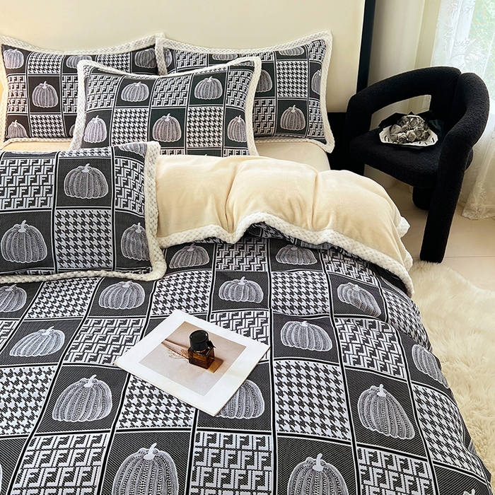 91家纺网 家纺一手货源 找家纺 yyds网供 2025新款棉加绒四件套多功能盖毯被套牛奶绒四件套床单款-南瓜 墨韵南瓜