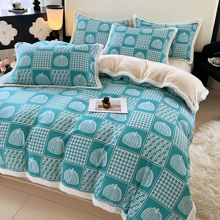 91家纺网 家纺一手货源 找家纺 yyds网供 2025新款棉加绒四件套多功能盖毯被套牛奶绒四件套床单款-南瓜 蓝梦南瓜