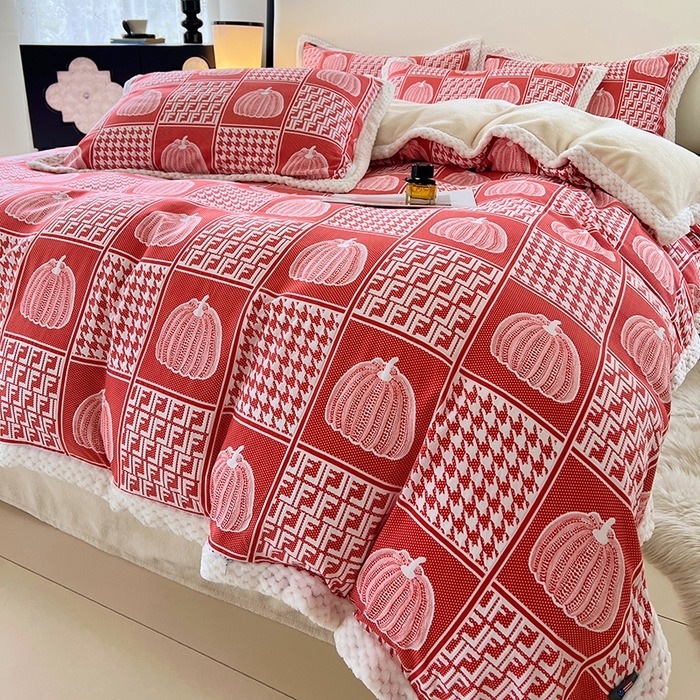 91家纺网 家纺一手货源 找家纺 yyds网供 2025新款棉加绒四件套多功能盖毯被套牛奶绒四件套床单款-南瓜 橙意南瓜