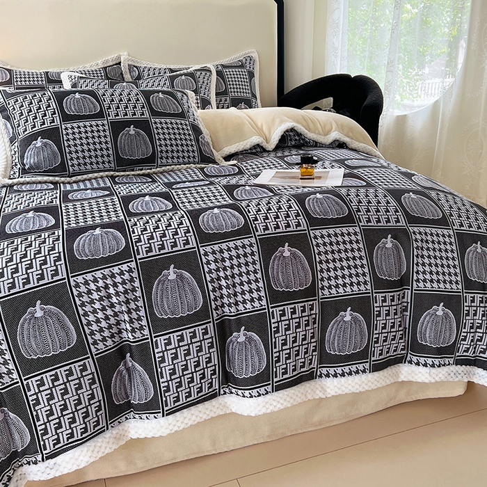 91家纺网 家纺一手货源 找家纺 yyds网供 2025新款棉加绒四件套多功能盖毯被套牛奶绒四件套床单款-南瓜 墨韵南瓜