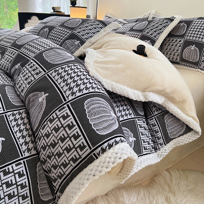 91家纺网 家纺一手货源 找家纺 yyds网供 2025新款棉加绒四件套多功能盖毯被套牛奶绒四件套床单款-南瓜 墨韵南瓜