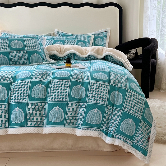 91家纺网 家纺一手货源 找家纺 yyds网供 2025新款棉加绒四件套多功能盖毯被套牛奶绒四件套床单款-南瓜 蓝梦南瓜