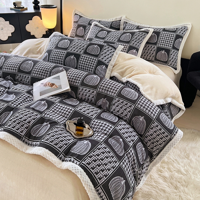 91家纺网 家纺一手货源 找家纺 yyds网供 2025新款棉加绒四件套多功能盖毯被套牛奶绒四件套床单款-南瓜 墨韵南瓜