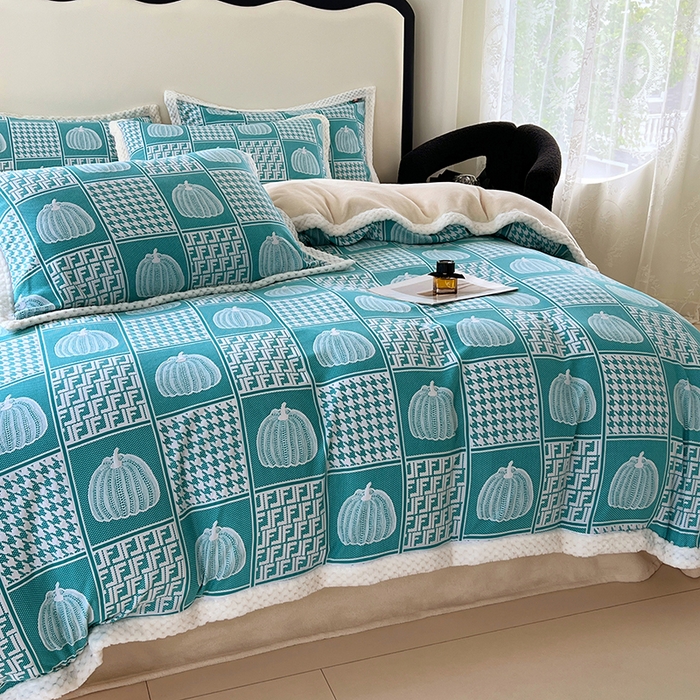 91家纺网 家纺一手货源 找家纺 yyds网供 2025新款棉加绒四件套多功能盖毯被套牛奶绒四件套床单款-南瓜 蓝梦南瓜