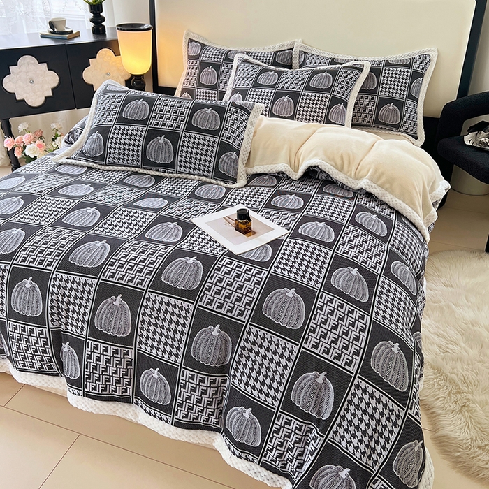 91家纺网 家纺一手货源 找家纺 yyds网供 2025新款棉加绒四件套多功能盖毯被套牛奶绒四件套床单款-南瓜 墨韵南瓜