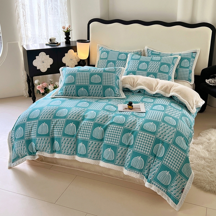 91家纺网 家纺一手货源 找家纺 yyds网供 2025新款棉加绒四件套多功能盖毯被套牛奶绒四件套床单款-南瓜 蓝梦南瓜