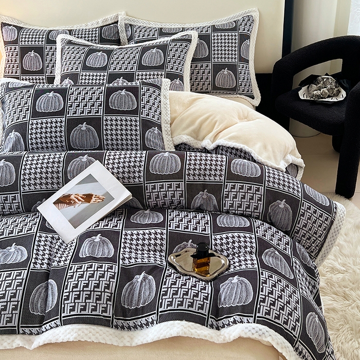 91家纺网 家纺一手货源 找家纺 yyds网供 2025新款棉加绒四件套多功能盖毯被套牛奶绒四件套床单款-南瓜 墨韵南瓜