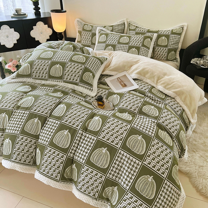 91家纺网 家纺一手货源 找家纺 yyds网供 2025新款棉加绒四件套多功能盖毯被套牛奶绒四件套床单款-南瓜 绿野南瓜