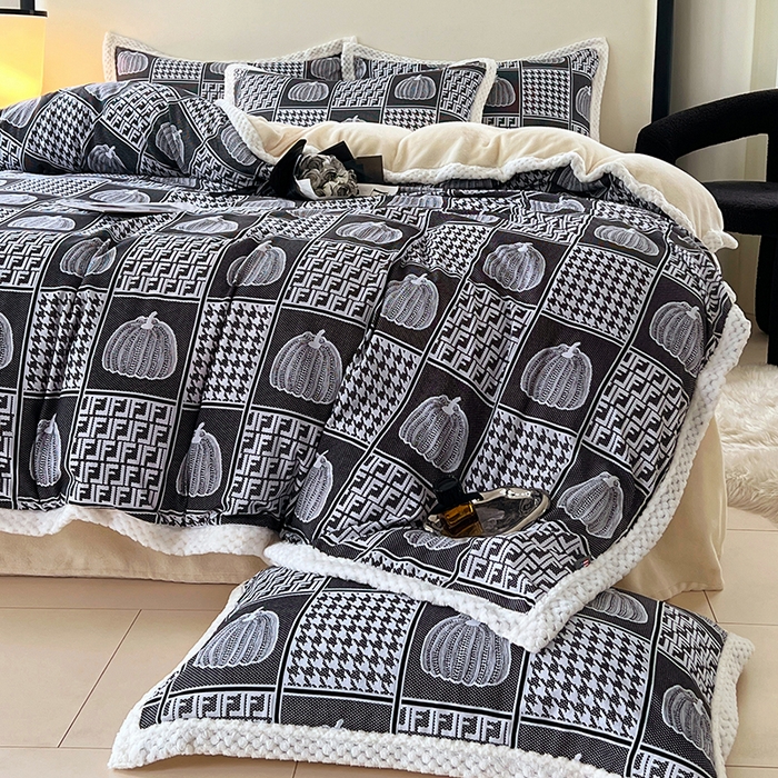 91家纺网 家纺一手货源 找家纺 yyds网供 2025新款棉加绒四件套多功能盖毯被套牛奶绒四件套床单款-南瓜 墨韵南瓜