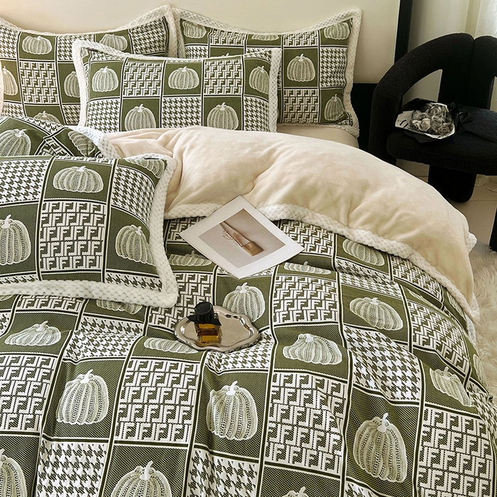 91家纺网 家纺一手货源 找家纺 yyds网供 2025新款棉加绒四件套多功能盖毯被套牛奶绒四件套床单款-南瓜 绿野南瓜