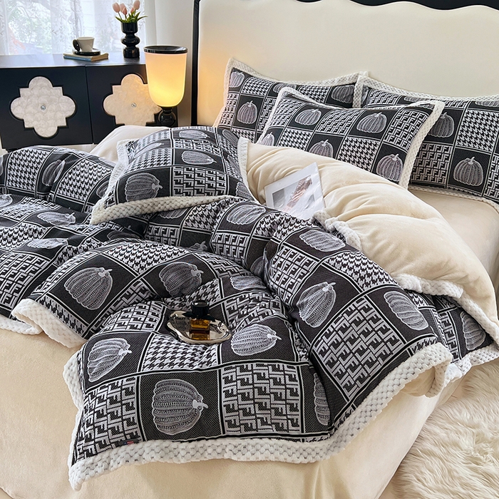 91家纺网 家纺一手货源 找家纺 yyds网供 2025新款棉加绒四件套多功能盖毯被套牛奶绒四件套床单款-南瓜 墨韵南瓜