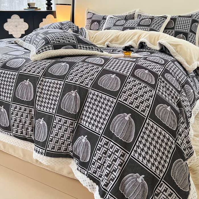 91家纺网 家纺一手货源 找家纺 yyds网供 2025新款棉加绒四件套多功能盖毯被套牛奶绒四件套床单款-南瓜 墨韵南瓜