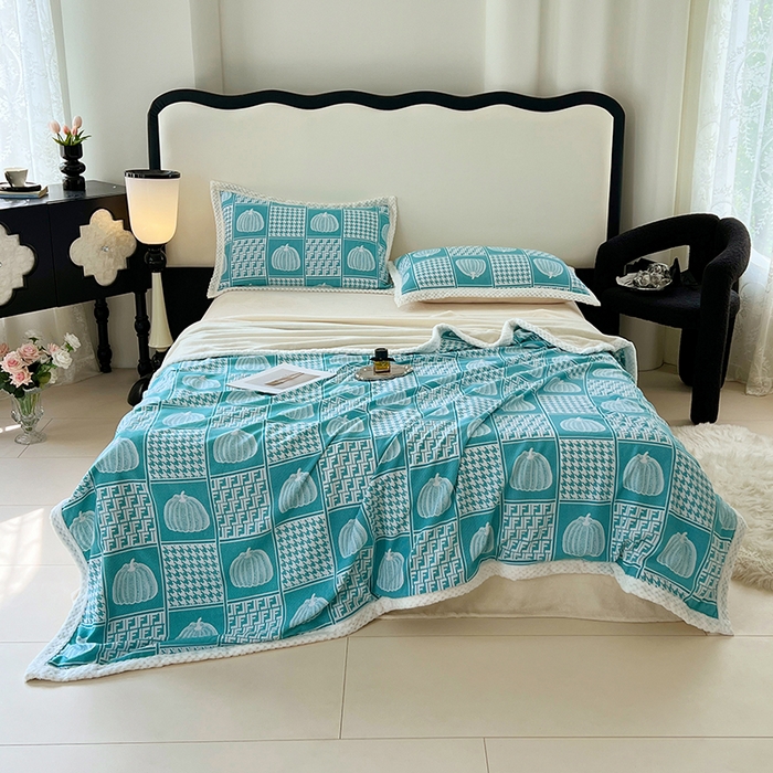 91家纺网 家纺一手货源 找家纺 yyds网供 2025新款棉加绒四件套多功能盖毯被套牛奶绒四件套床单款-南瓜 蓝梦南瓜