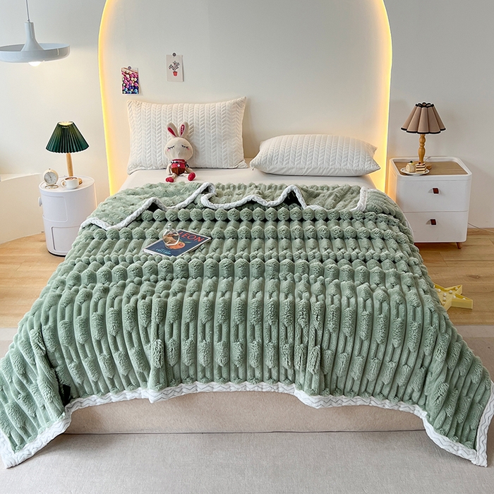 91家纺网 家纺一手货源 找家纺 yyds网供 2025新款超柔仿裘皮兔绒竹节绒毛毯高克重盖毯沙发毯冬季多功能绒毯子 竹节绒-抹茶绿