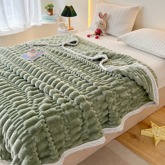 91家纺网 家纺一手货源 找家纺 yyds网供 2025新款超柔仿裘皮兔绒竹节绒毛毯高克重盖毯沙发毯冬季多功能绒毯子 竹节绒-抹茶绿