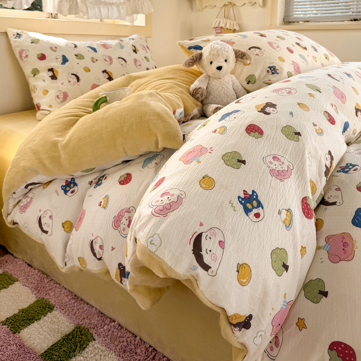 91家纺网 家纺一手货源 找家纺 多品家纺 2025新款云感双层纱高克重牛奶绒四件套 可爱新新