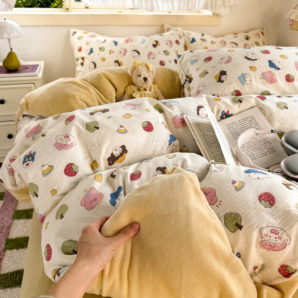 91家纺网 家纺一手货源 找家纺 多品家纺 2025新款云感双层纱高克重牛奶绒四件套 可爱新新