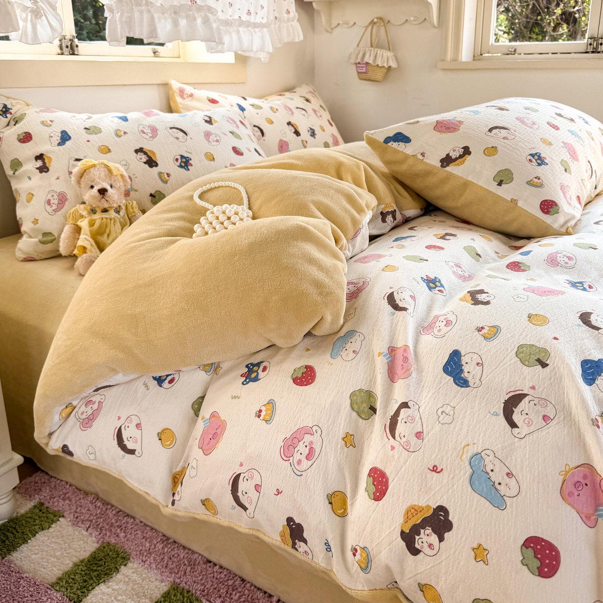 91家纺网 家纺一手货源 找家纺 多品家纺 2025新款云感双层纱高克重牛奶绒四件套 可爱新新