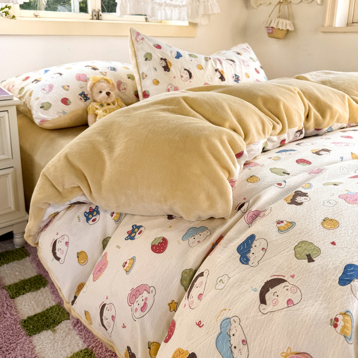 91家纺网 家纺一手货源 找家纺 多品家纺 2025新款云感双层纱高克重牛奶绒四件套 可爱新新